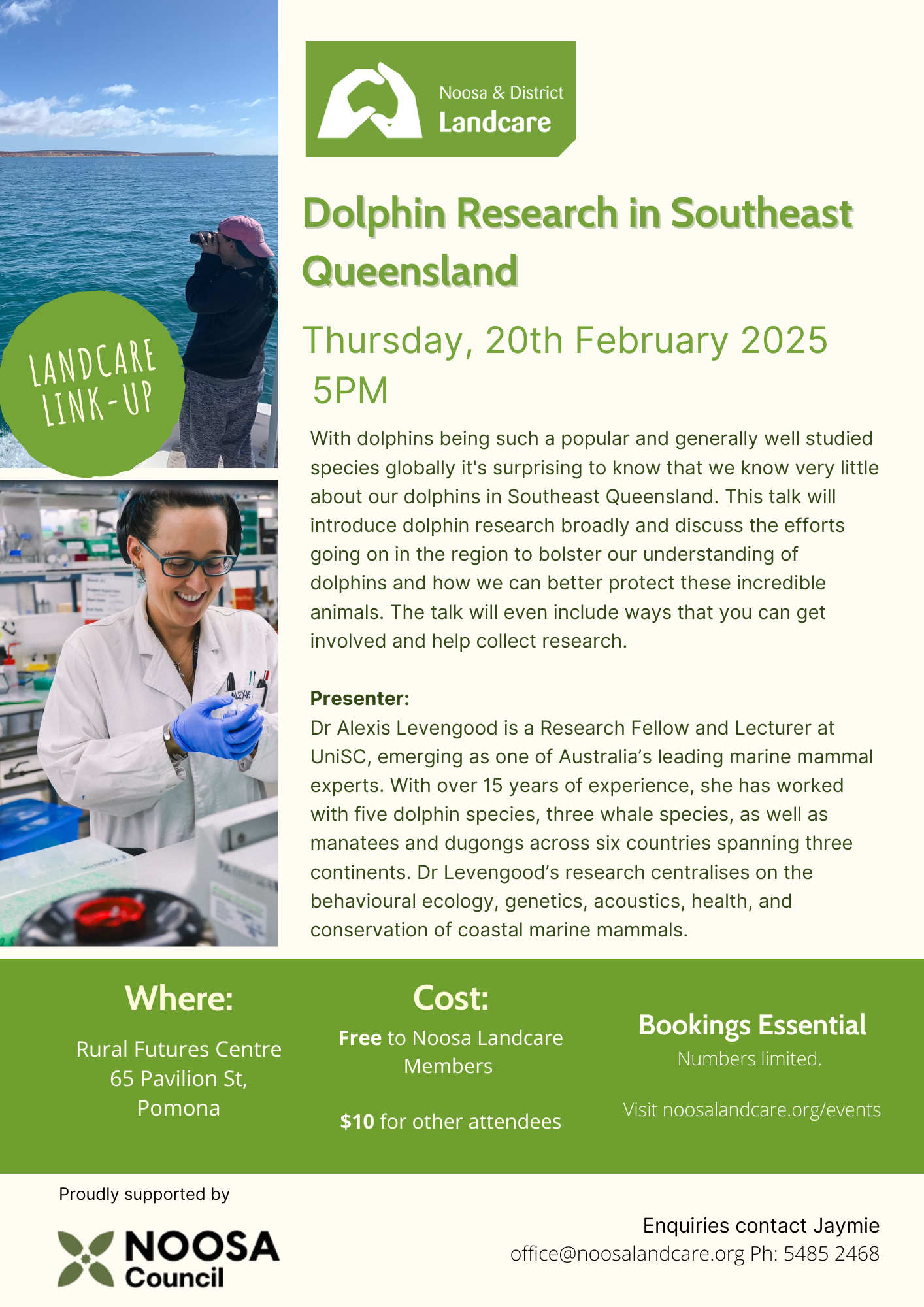 Landcare Linkup Talk series February 2025 - Dolphin Research in Southeast Queensland with Dr Alxis Levengood.